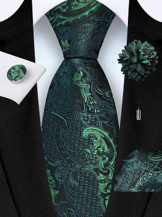 GUSLESON 8cm Paisley Tie Set for Men Necktie Lapel Pin Pocket Square Cufflinks Set for Men