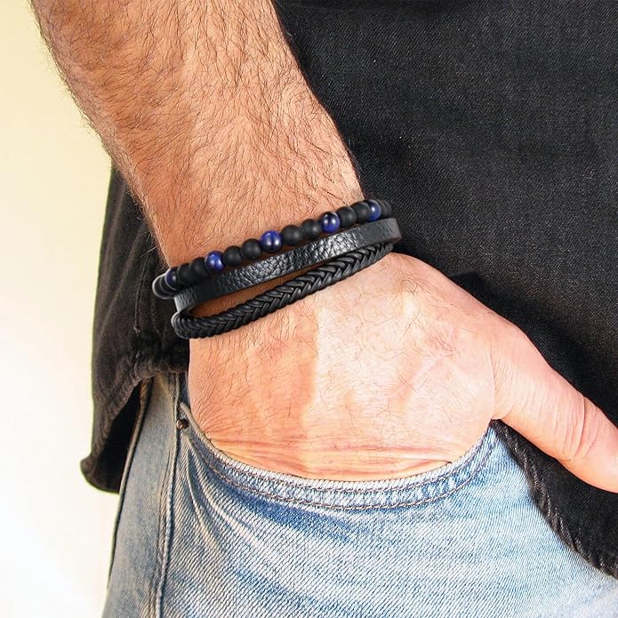 Gifts for Men - Layered Leather Beads Bracelet, Tiger Eye Lava Rock Stone Braided Leather Bracelets for Men Adjustable Magnetic Clasp Birthday Gifts