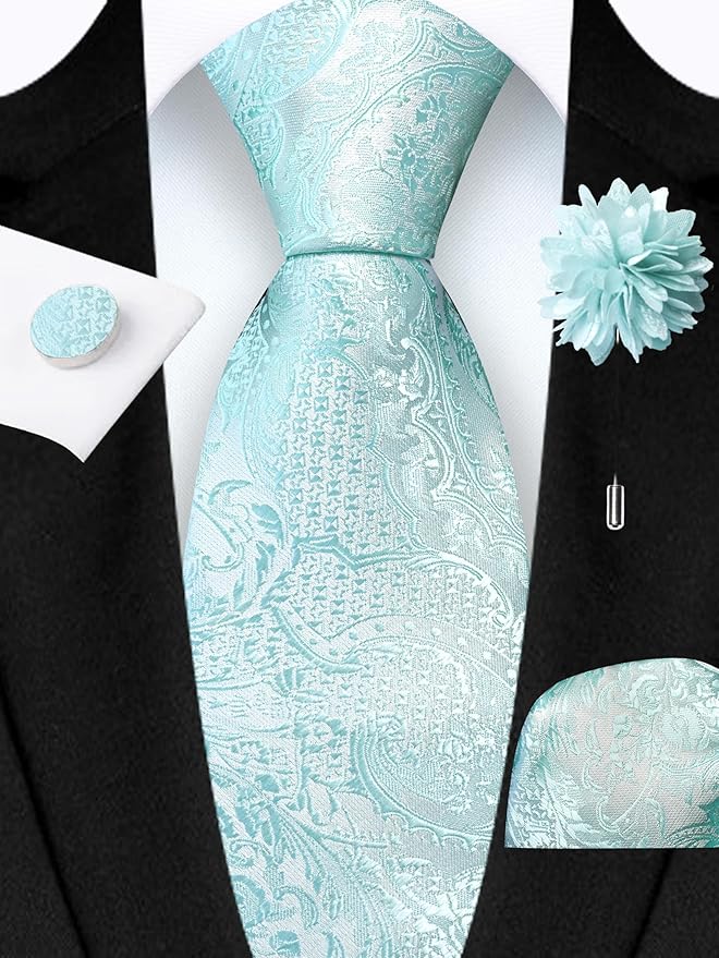 GUSLESON 8cm Paisley Tie Set for Men Necktie Lapel Pin Pocket Square Cufflinks Set for Men