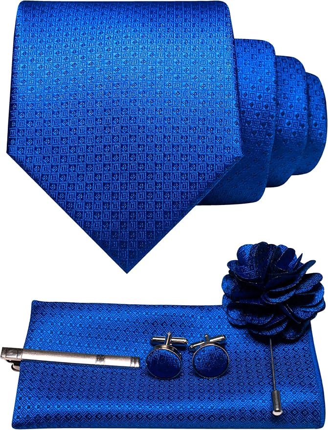 JEMYGINS Mens Tie and Pocket Square,Lapel Pin,Cufflinks,Tie Clip Sets with Gift Box 5PCS