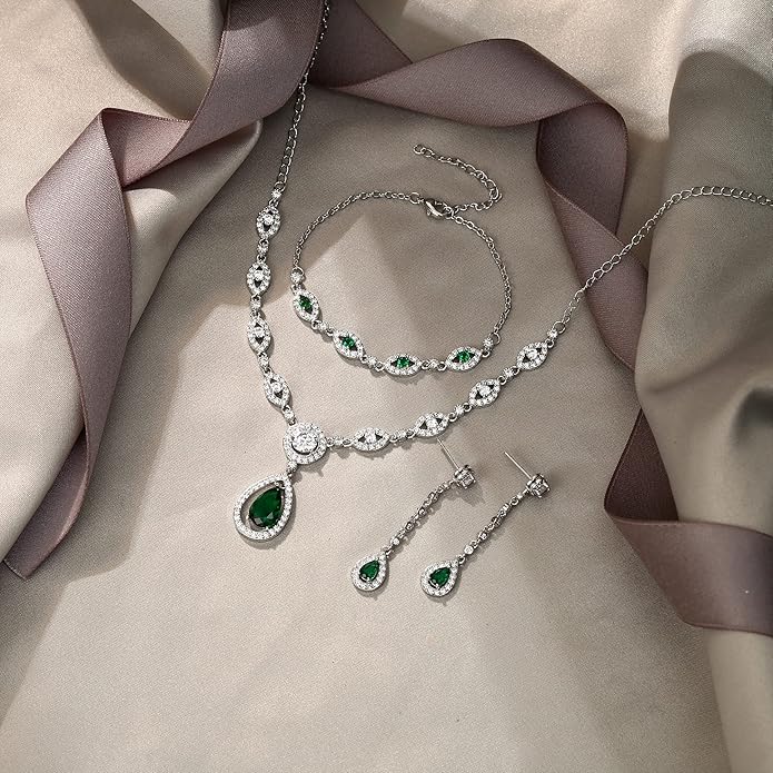 EVER FAITH Bridal Jewelry Set for Women, Stunning Teardrop Cubic Zirconia Birthstone Necklace Bracelet Earrings Sets Gift for Mothers Day/Valentines/Birthday/Christmas