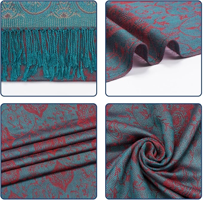 QIUTIMIY Paisley Pashmina Shawl Wrap Women Reversible Vintage Jacquard Pashmina Rave Scarf with Fringe for Evening, Wedding
