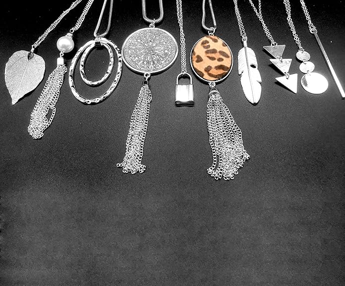 10Pcs Long Pendant Necklace Simple Moon Bar Three Triangle Tassel Lock Sweater Y Shape Punk Chain Choker Necklace for Women Men Gold Silver Plated