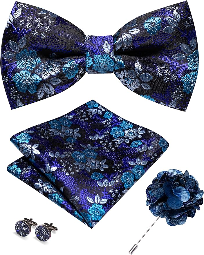 JEMYGINS Floral Pre-tied Bow Tie and Pocket Square Cufflinks Lapel Pin Sets for Men 4PCS
