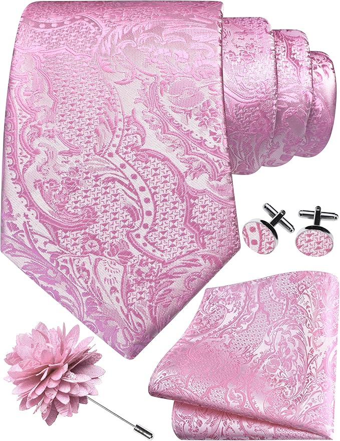 GUSLESON 8cm Paisley Tie Set for Men Necktie Lapel Pin Pocket Square Cufflinks Set for Men