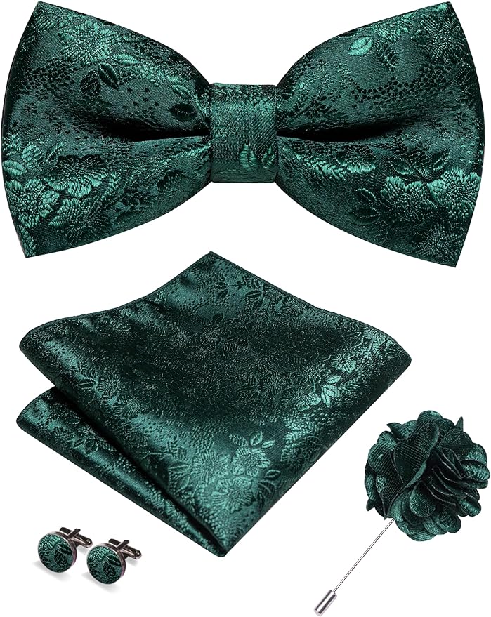JEMYGINS Floral Pre-tied Bow Tie and Pocket Square Cufflinks Lapel Pin Sets for Men 4PCS