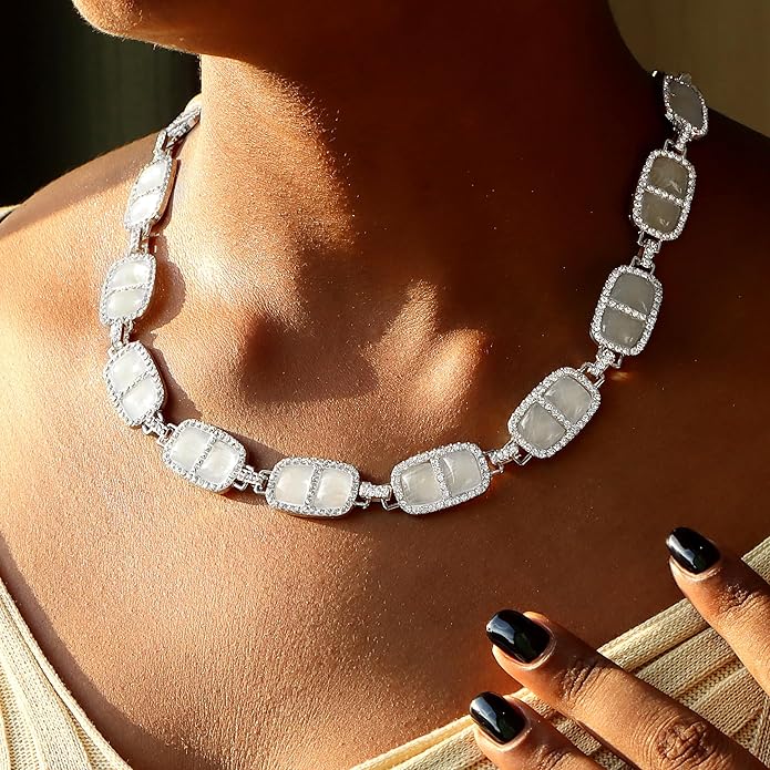 Chunky Necklace for Women 12 Colors Diamond Stone Gold Statement Necklace for Women Full Trendy Blue Birthstone Choker Necklace for Women Square Design Necklace Jewelry