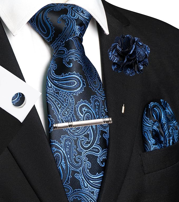 JEMYGINS Mens Paisley Tie and Pocket Square,Lapel Pin,Cufflinks,Tie Clip Sets with Gift Box 5PCS