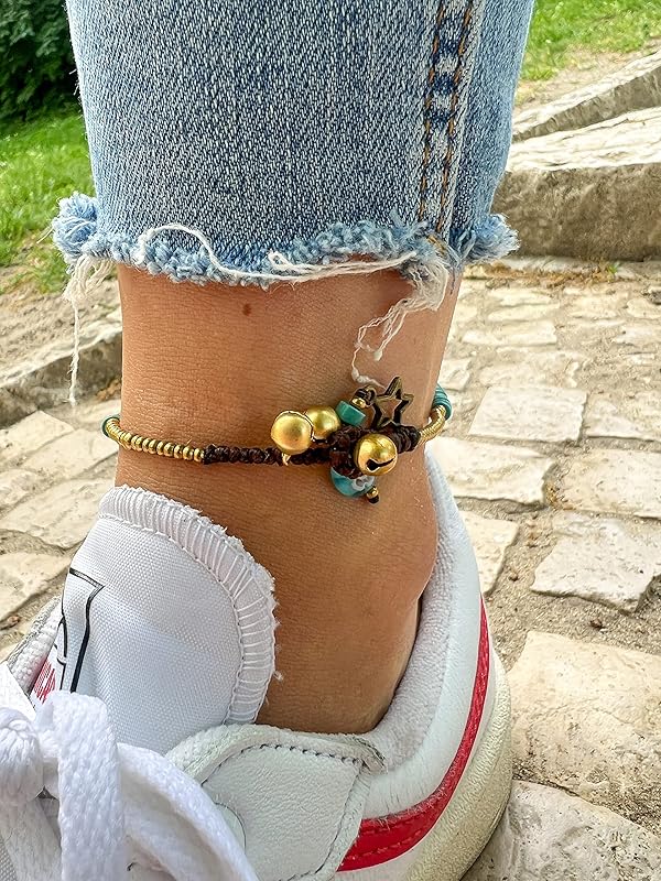 Made by Nami Boho Surfer Anklet Waterproof & Adjustable Beaded Anklets for Women Beachy Ankle Bracelet Made from Waxed Cotton Rope and Beads for Summer and Hippie Style (Blue)