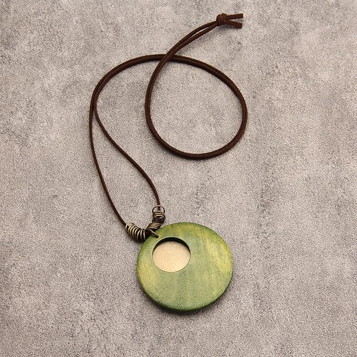Long Boho Necklaces for Women Vintage Leather Wooden Pendant Y Choker Ethnic Style Gold Circle Hippie Sweater Necklace
