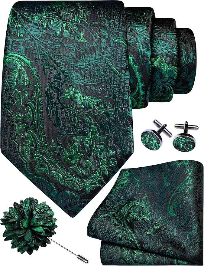 GUSLESON 8cm Paisley Tie Set for Men Necktie Lapel Pin Pocket Square Cufflinks Set for Men