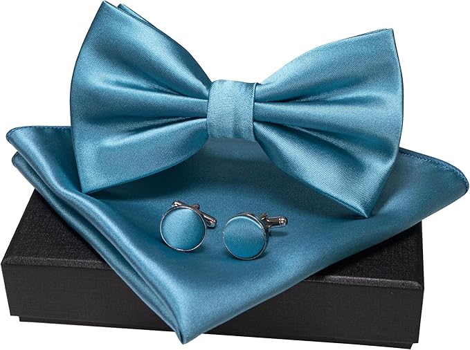 JEMYGINS Solid Color mens Pre-tied Bow Tie and Pocket Square Cufflinks Sets with Gift Box