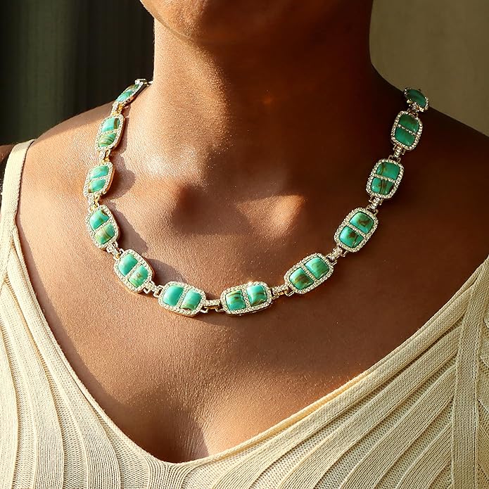 Chunky Necklace for Women 12 Colors Diamond Stone Gold Statement Necklace for Women Full Trendy Blue Birthstone Choker Necklace for Women Square Design Necklace Jewelry