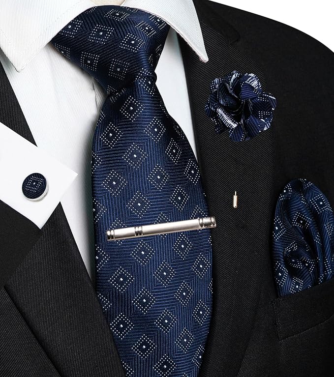 JEMYGINS Mens Tie and Lapel Pin Necktie Pocket Square Cufflinks and Tie Clip Sets for Business Casual 5PCS