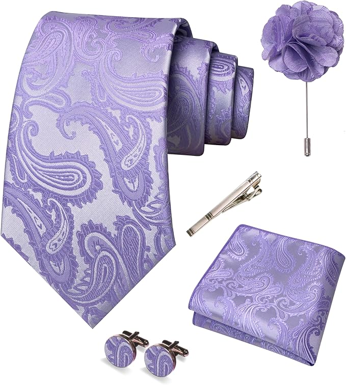 JEMYGINS Mens Paisley Tie and Pocket Square,Lapel Pin,Cufflinks,Tie Clip Sets with Gift Box 5PCS