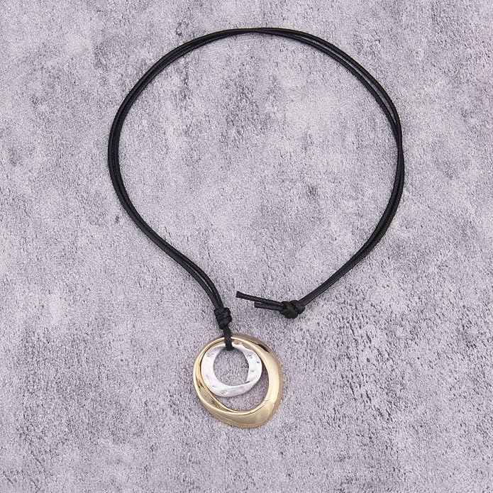 Long Boho Necklaces for Women Vintage Leather Wooden Pendant Y Choker Ethnic Style Gold Circle Hippie Sweater Necklace