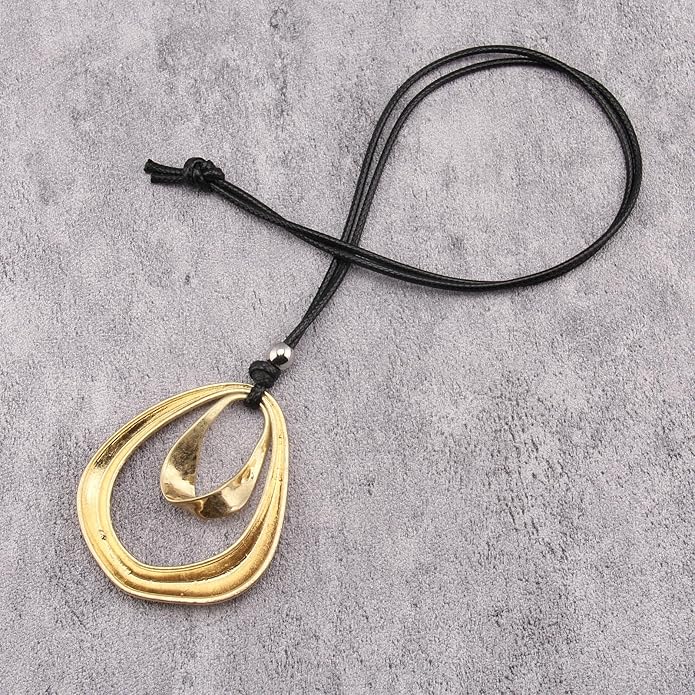 Long Boho Necklaces for Women Vintage Leather Wooden Pendant Y Choker Ethnic Style Gold Circle Hippie Sweater Necklace