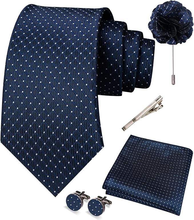 JEMYGINS Mens Tie and Pocket Square,Lapel Pin,Cufflinks,Tie Clip Sets with Gift Box 5PCS