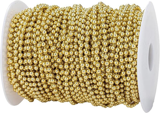 YoungJewl 4mm Crafts Faux Pearl Beads Garland Pearl Bead Roll Strand of Pearls to Decorate Floral Centerpieces Wedding Party Favor Christmas Tree(131 Feet Gold)