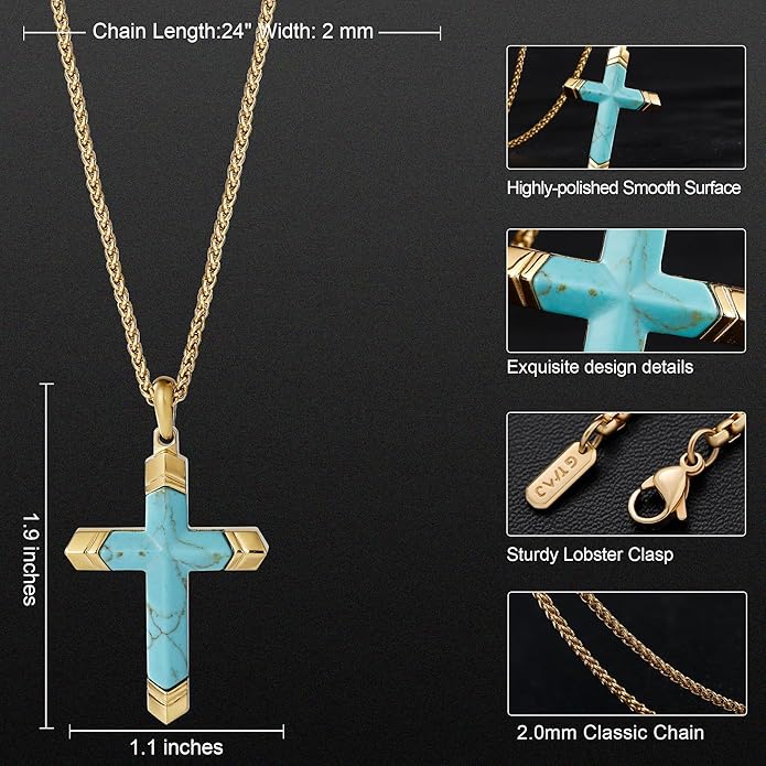 GTMJ Cross Necklace for Men -Stainless Steel & Gemstone Adjustable Box Chain 24-26in, Spiritual Jewelry Gift for Him, Everyday Wear