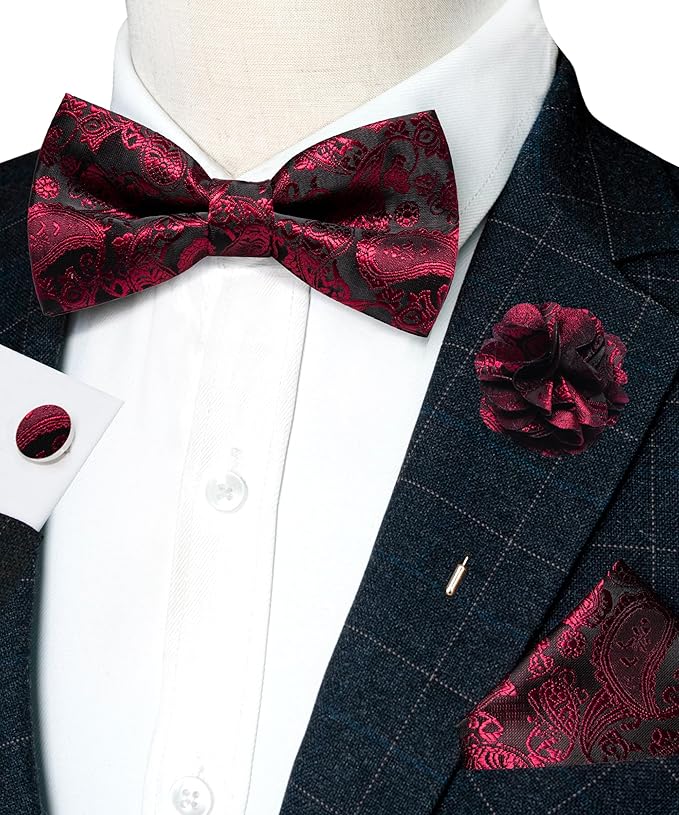 JEMYGINS Paisley Pre-tied Bow Tie and Pocket Square Cufflinks Lapel Pin Sets for Men 4PCS