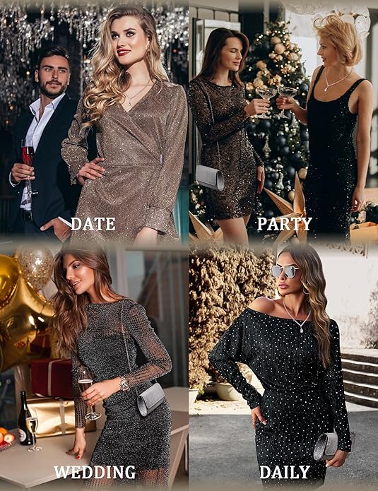 Subiceto 4Pcs Silver Clutch Purse Jewelry Set for Women Evening Rhinestone Purse Crystal Necklace Earrings Bracelets Set Silver Accessories for Women Bride Wedding Jewelry