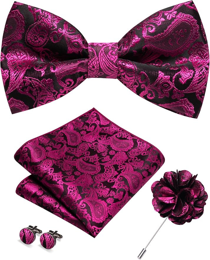 JEMYGINS Paisley Pre-tied Bow Tie and Pocket Square Cufflinks Lapel Pin Sets for Men 4PCS