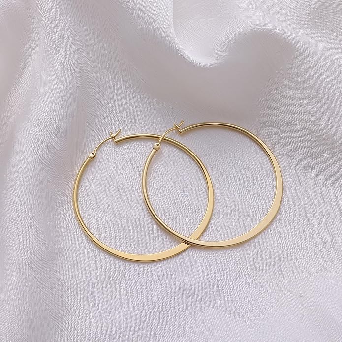 Gacimy Flattened 14K Gold Plated Hoop Earrings for Women, 14K Real Gold Plated Hoops with 925 Sterling Silver Post,Hypoallergenic Lightweight Earring