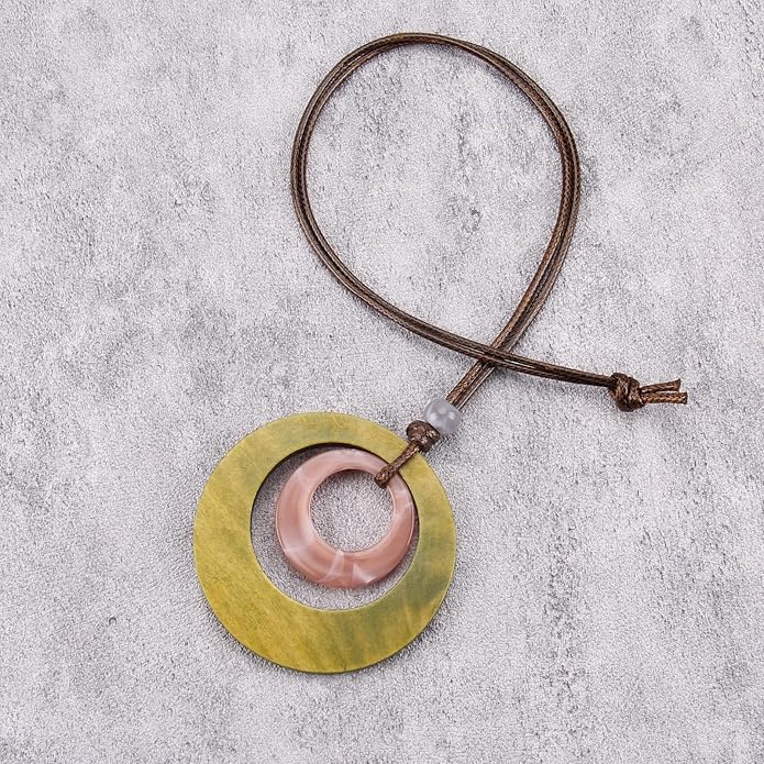 Long Boho Necklaces for Women Vintage Leather Wooden Pendant Y Choker Ethnic Style Gold Circle Hippie Sweater Necklace