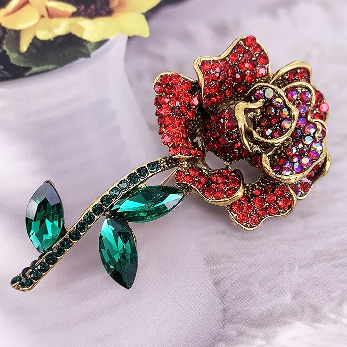 SELOVO Women Rose Flower Red Rhinestone Bling Brooch Pin Gold Tone