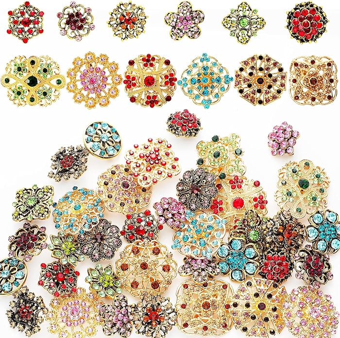 MTLEE 36 Pieces Brooches and Pins for Women Rhinestone Brooches Bulk Crystal Vintage Decorative Flower Lapel Pins Mixed Color Costume Jewelry Retro for Wedding Party Bouquet Crafts Kit Gifts