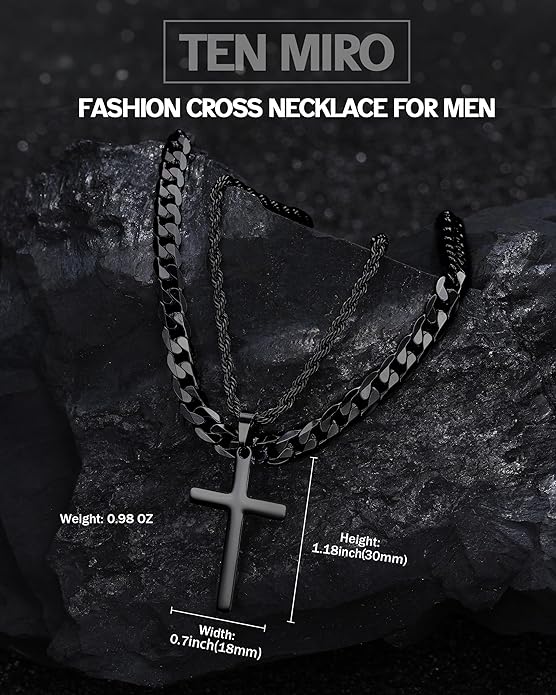 TEN MIRO Silver/Black Cross Necklace for Men Boy Stainless Steel Cross Pendant Necklace for Men Christian Religious Jewelry with Box & Card Birthday Anniversary Christmas Father's Day Gifts for Him