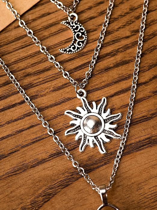 Sacina Gothic Layered Crystal Sun and Moon Necklace, Moon and Sun Pendant, Gothic Goth Emo Grunge Necklace, Goth Jewelry, Halloween Christmas Jewelry Gift For Women
