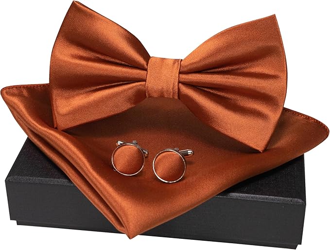 JEMYGINS Solid Color mens Pre-tied Bow Tie and Pocket Square Cufflinks Sets with Gift Box
