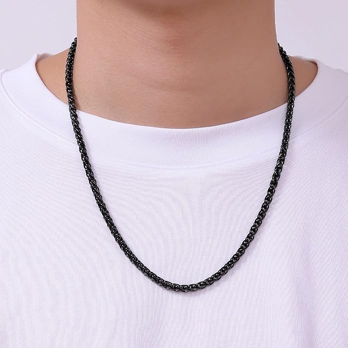 Fiusem Black Wheat Chains for Men and Women, 2/2.5/3/4/5mm Stainless Steel Necklace Chain, Mens Necklace Jewelry Gift 16-28 Inch