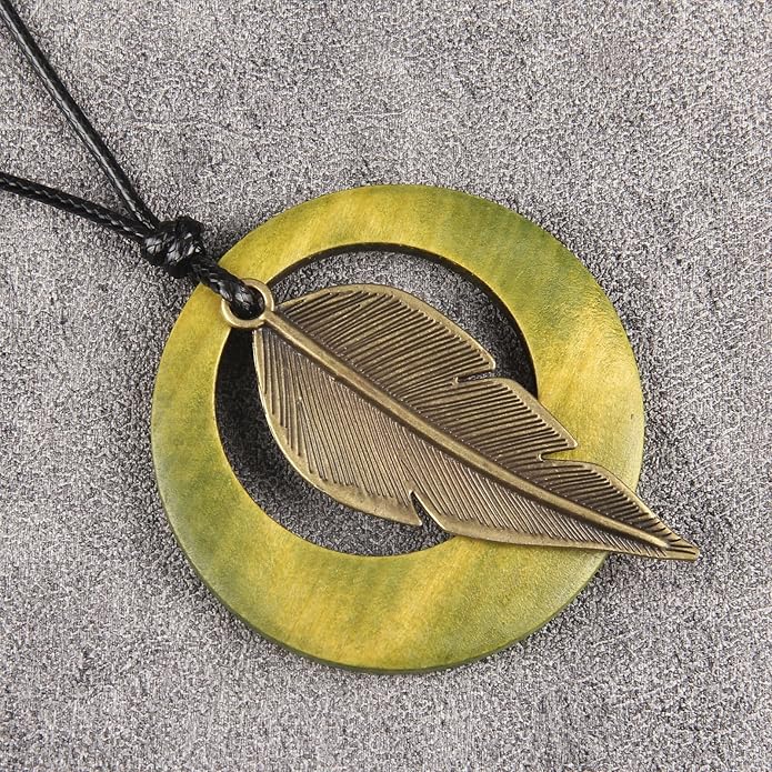 Long Boho Necklaces for Women Vintage Leather Wooden Pendant Y Choker Ethnic Style Gold Circle Hippie Sweater Necklace