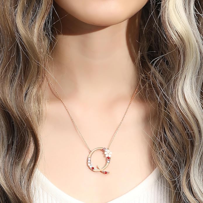 Flower Initial Letter Necklace Pink Red Blue Simulated Pearl Pendant Name Jewelry Made with Austrian Crystals Rose Gold Plated Anniversary Birthday Gifts for Women,18"+2"