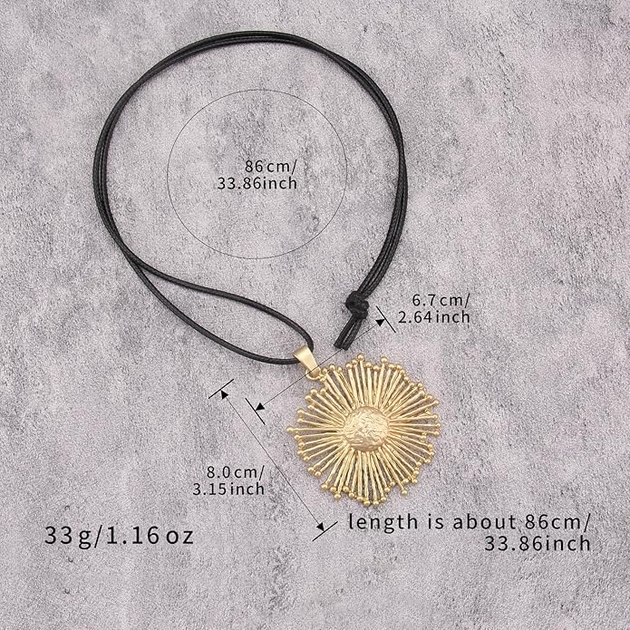 Long Boho Necklaces for Women Vintage Leather Wooden Pendant Y Choker Ethnic Style Gold Circle Hippie Sweater Necklace