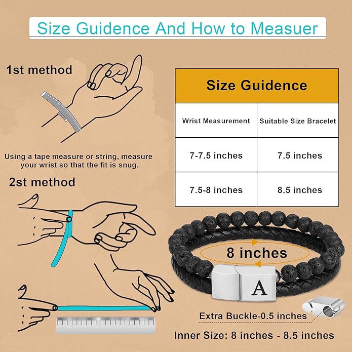Leather Bracelets for Mens Gifts - Premium Genuine Leather Natural Lava Rock Adjustable Stainless Steel Magnetic Clasp Mens Initial Bracelet, Unique Gifts for Men Husband Dad Son
