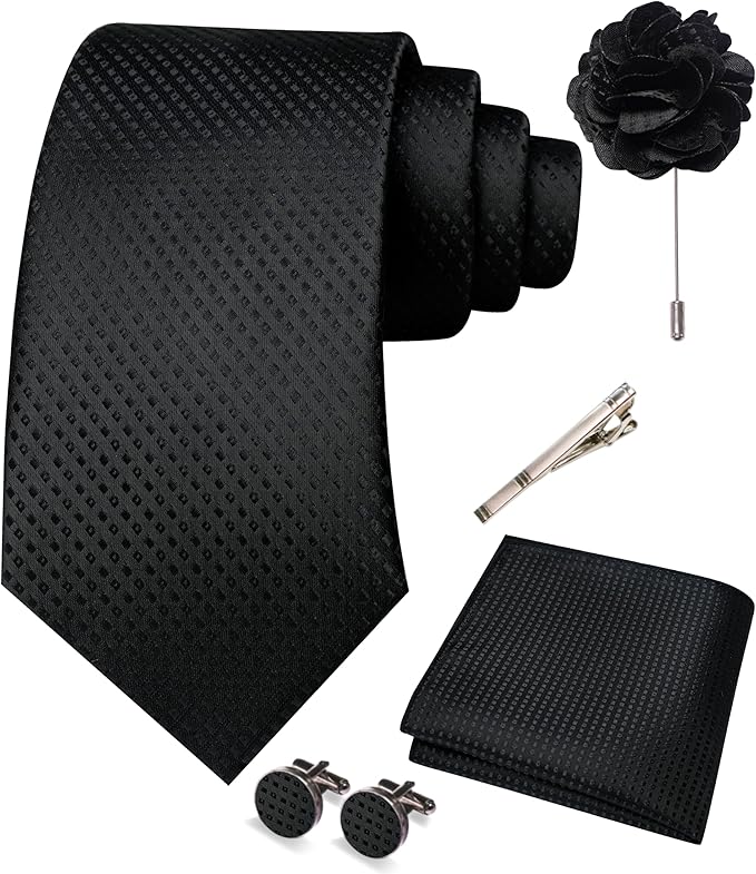 JEMYGINS Mens Tie and Pocket Square,Lapel Pin,Cufflinks,Tie Clip Sets with Gift Box 5PCS