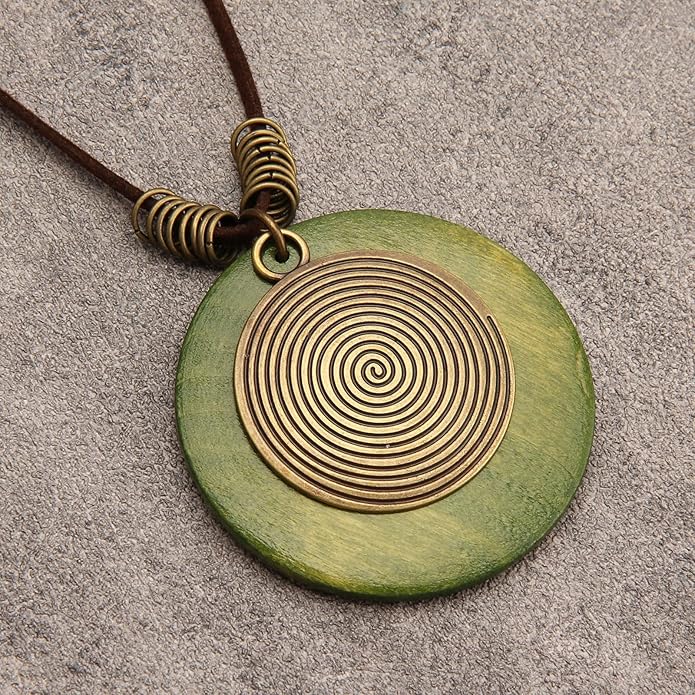 Long Boho Necklaces for Women Vintage Leather Wooden Pendant Y Choker Ethnic Style Gold Circle Hippie Sweater Necklace