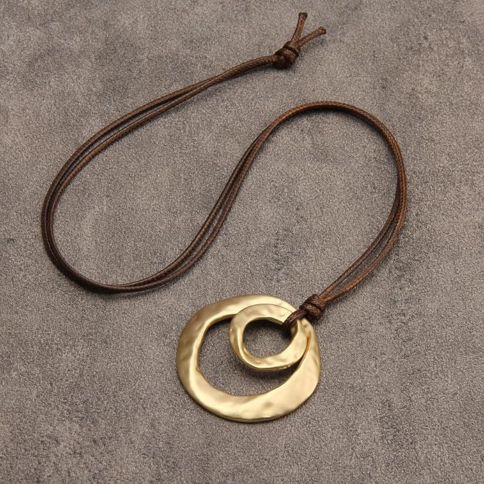 Long Boho Necklaces for Women Vintage Leather Wooden Pendant Y Choker Ethnic Style Gold Circle Hippie Sweater Necklace