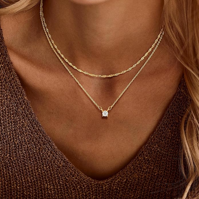 Layered Gold Necklace for Women Trendy 14K Gold Plated Heart CZ Pendant Layered Gold Necklaces Set Coin Choker Necklaces Simple Circle Cubic Zirconia Pearl Necklace Stack Herringbone Paperclip Chain Jewelry Set