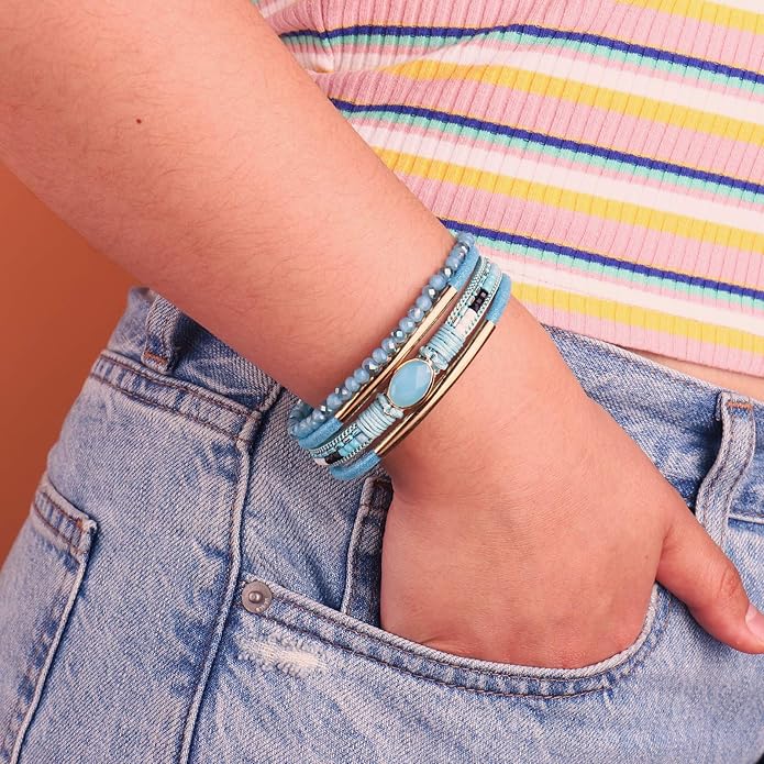 FANCY SHINY Leather Wrap Bracelets Crystal Beads Bracelet Boho Cuff Stone Charm Bracelets with Clasp Costume Jewelry for Women