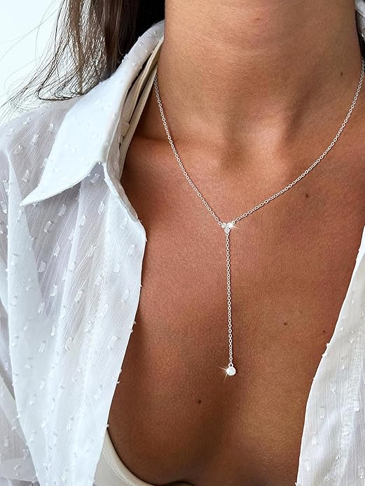 Lariat Gold Necklaces for Women Trendy Dainty Long Necklace 14k Gold Plated/Silver Layered Drop Beaded Chain Necklaces Y-shaped Pendant Necklace Simple Gold Jewelry Gifts