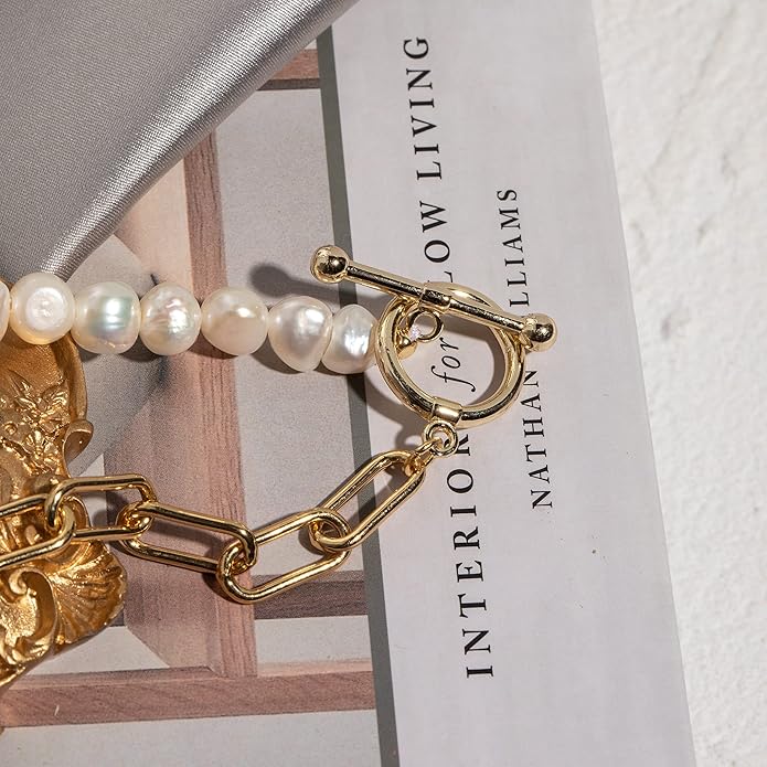 Cowlyn Pearl Bracelets for Women - Dainty 14K Gold Plated Beaded Pearl Link Chain Birthday Christmas Jewelry Gifts for Women
