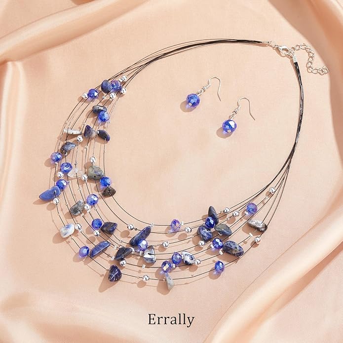 Multi-Layer Boho Shell Beaded Necklace for Women Colorful Crystal Strand with Silver Beads Statement Collars Necklace and Earrings Costumes Jewelry Sets for Women