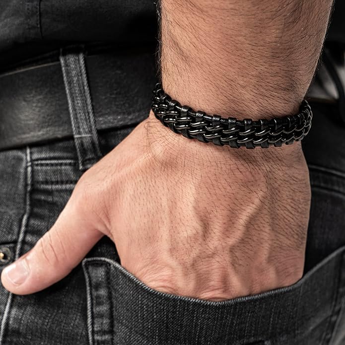 SERASAR | Premium Genuine Leather Bracelet [Steel] for Men in Black | Magnetic Stainless Steel Clasp in Black, Silver and Gold | Exclusive Jewellery Box | Great Gift Idea