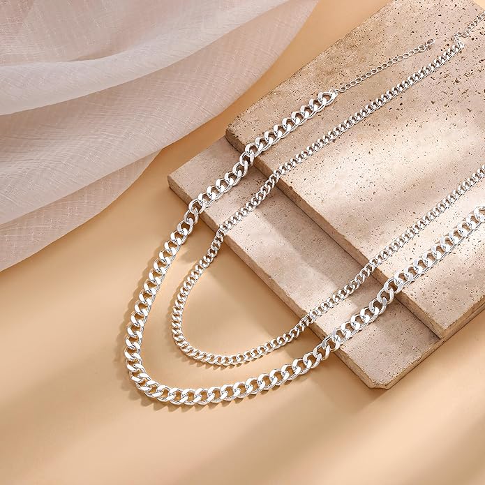 Moodear Layered Necklace for Women Trendy Chunky 14K Gold Plated/Sliver Plated Chain Necklace Cuban Link Paperclip Chain Toggle Clasp Necklace Fashion Jewelry