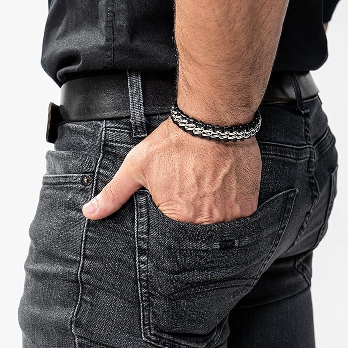 SERASAR | Premium Genuine Leather Bracelet [Steel] for Men in Black | Magnetic Stainless Steel Clasp in Black, Silver and Gold | Exclusive Jewellery Box | Great Gift Idea
